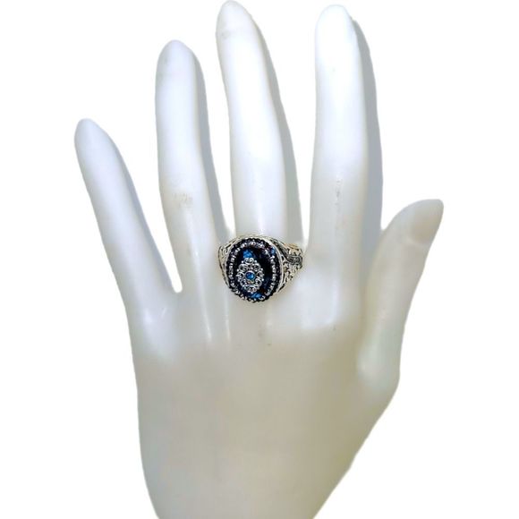 Silver Edwardian Faceted Blue Crystal and Round Hematite Ring Size 10 - Picture 4 of 6